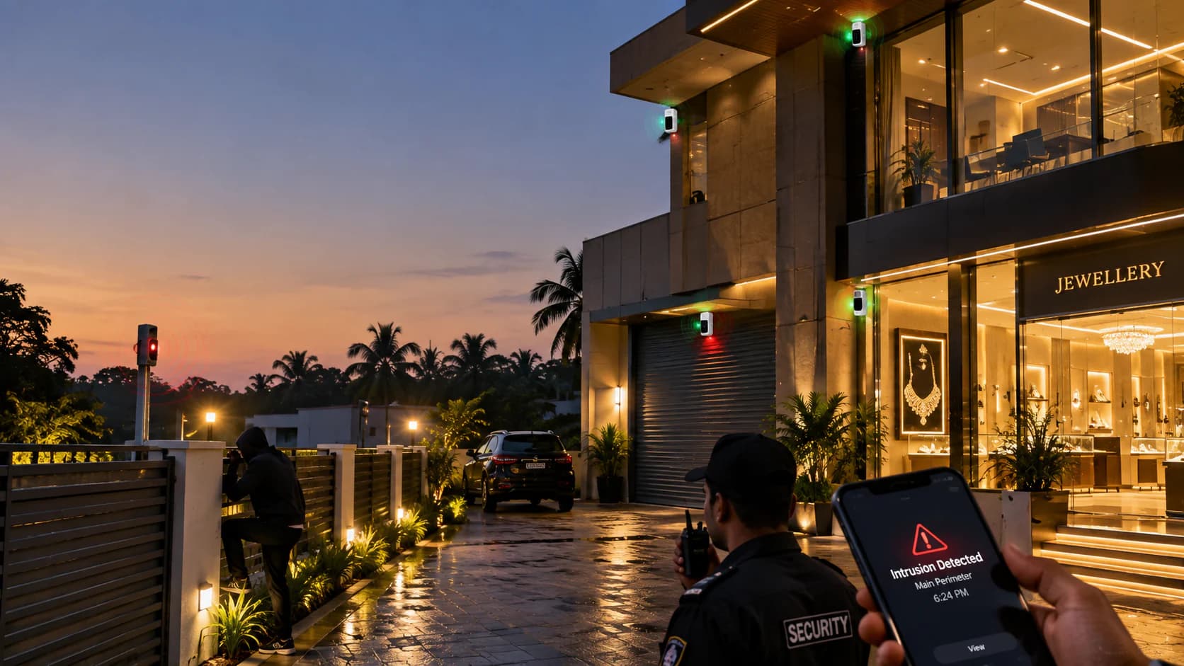 Ultimate Secure perimeter detection alerting a guard to an intruder at a jewellery premises