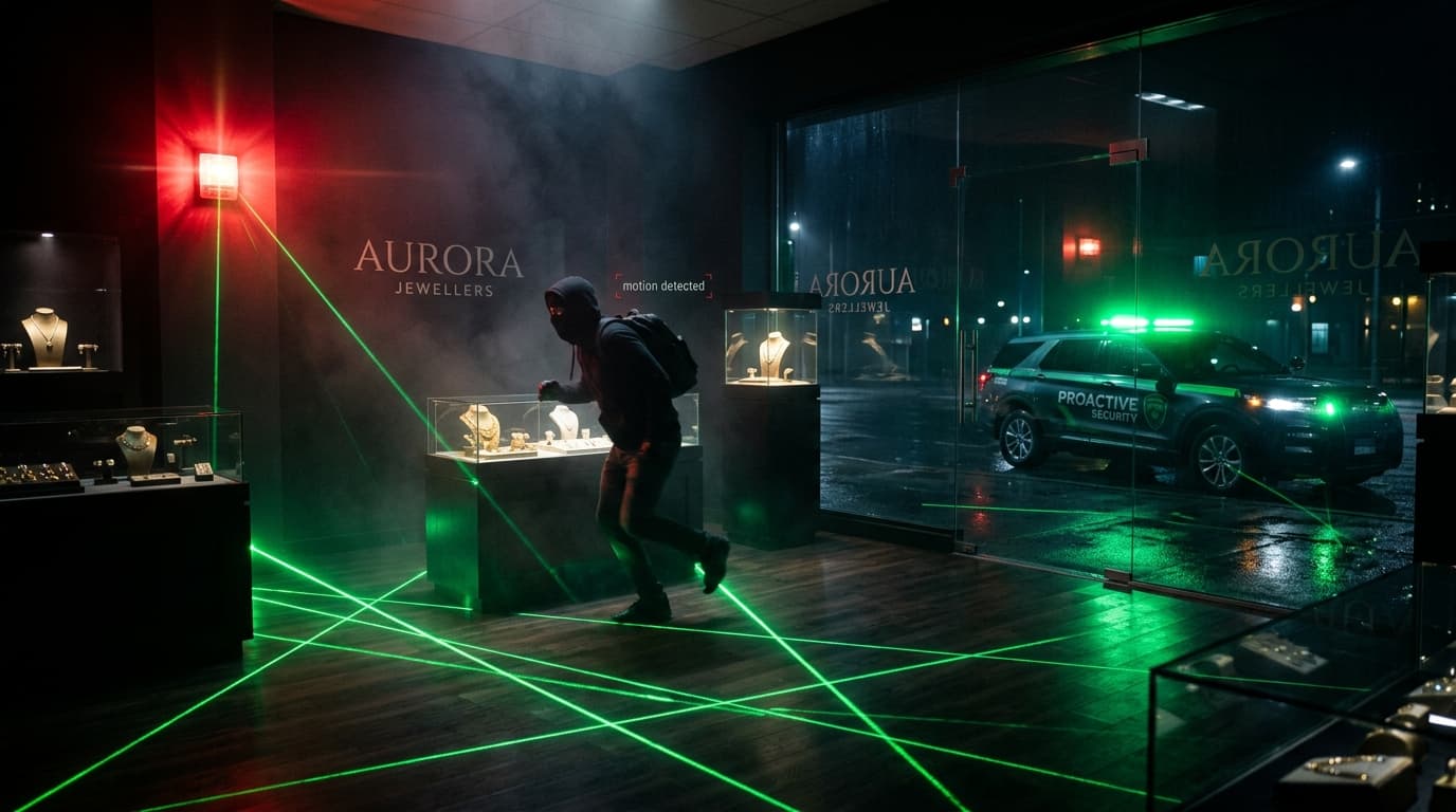 Proactive security alarm triggering instant notification during jewellery showroom intrusion